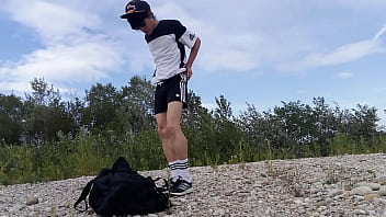 Ultra-cute twunk Jon Arteen wears dark-hued Adidas outfit, displays his underwear, ambles freeballing, wanking off throught his brief shorts, nutting outdoor