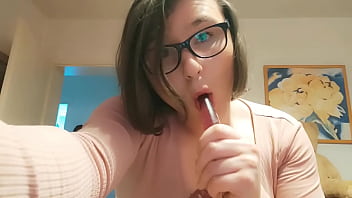 Teenage Fledgling She-male Anallisa alone at home - she deep-throats dildo, slurp her jizz and drills her cunt with while looking uber-cute and noisy all over the building - shes wearing boy sausage box and uses some of her other toys