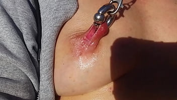 Nippleringlover super-hot mummy stroking outdoors with electro-hitachi pierced vagina extraordinary nip piercings