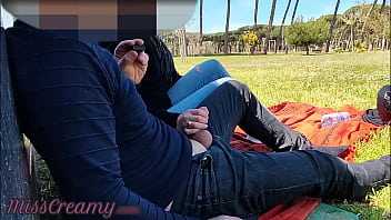 French Tutor Hand job Fledgling on public park to schoolgirl with Spunk stream - MissCreamy